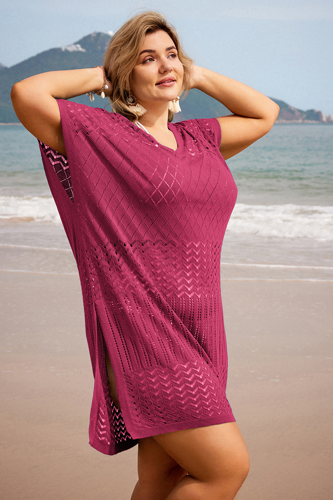 HN Women Plus Size Hollowed-out Cover-up Short Sleeve V-Neck Side Slit Knitwear - Hanna Nikole#color_pink