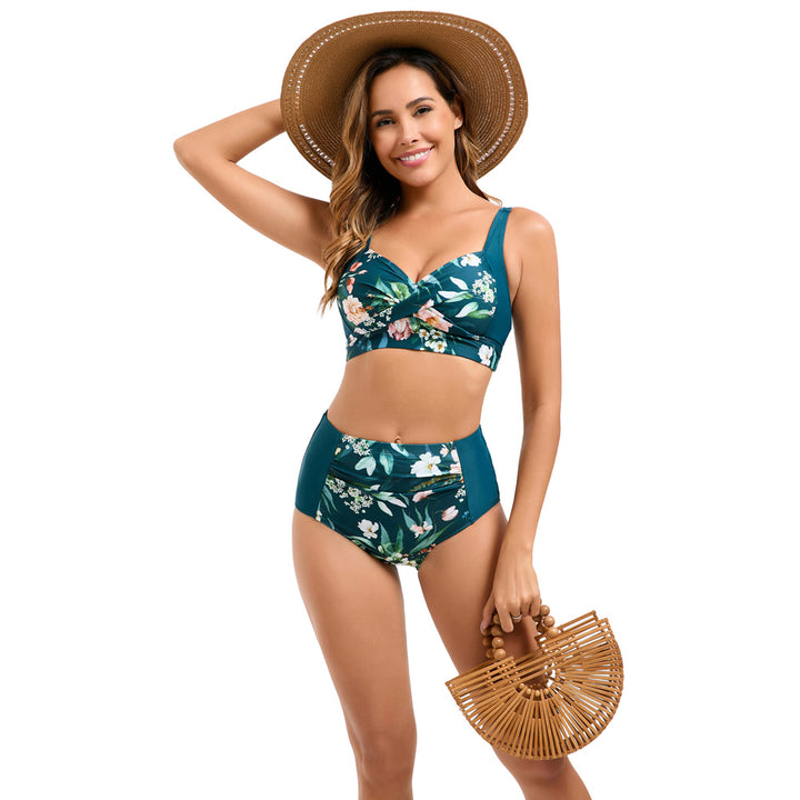 HN Women Contrast Color Swimsuit Knotted Bodice Padded Swim Tops+Ruched Briefs