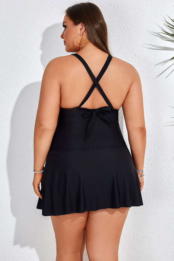 HN Women Plus Size Knotted Bodice Swim Dress with Attached Briefs Swimwear - Hanna Nikole#color_black
