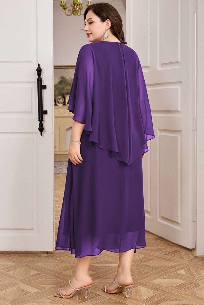 HN Chiffon Party Cape Sleeve V-Neck Defined Waist Dress - Hanna Nikole#color_purple