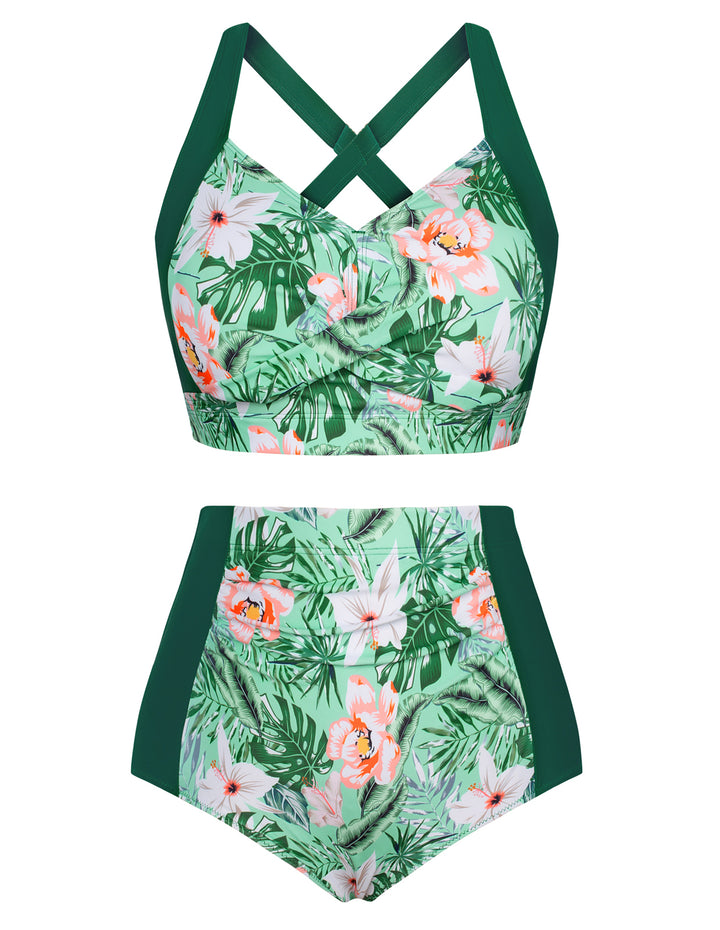 HN Women Contrast Color Swimsuit Knotted Bodice Padded Swim Tops+Ruched Briefs