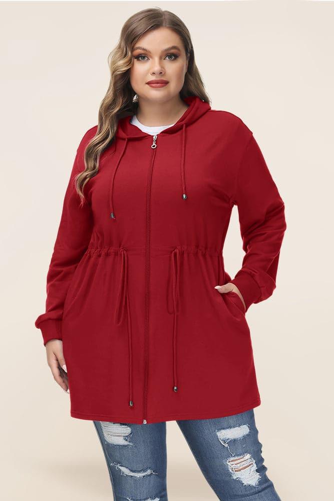 HN Drawstring Waist Coat Long Sleeve Zip-up Hooded Coat - Hanna Nikole