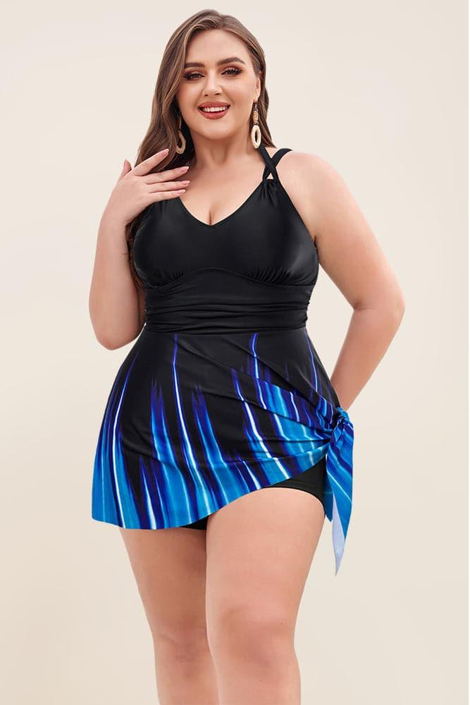 HN Women Plus Size 2pcs Set Irregular Hem Padded Dress+Briefs Swimwear - Hanna Nikole#color_blue-pattern
