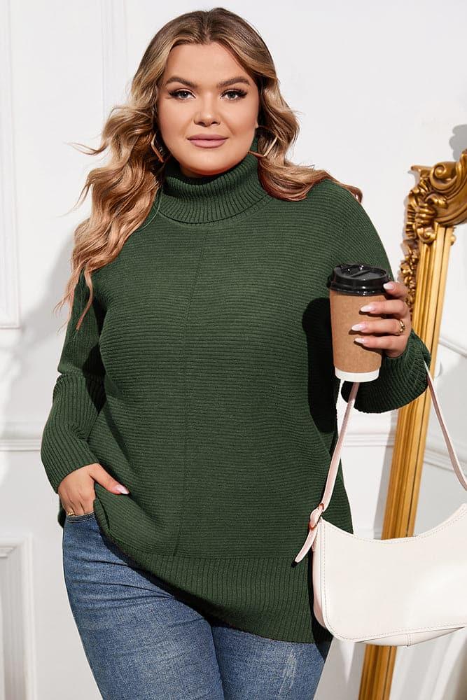 HN Women Plus Size Turtleneck Sweater Dropped Shoulder Side Slit Pullover - Hanna Nikole