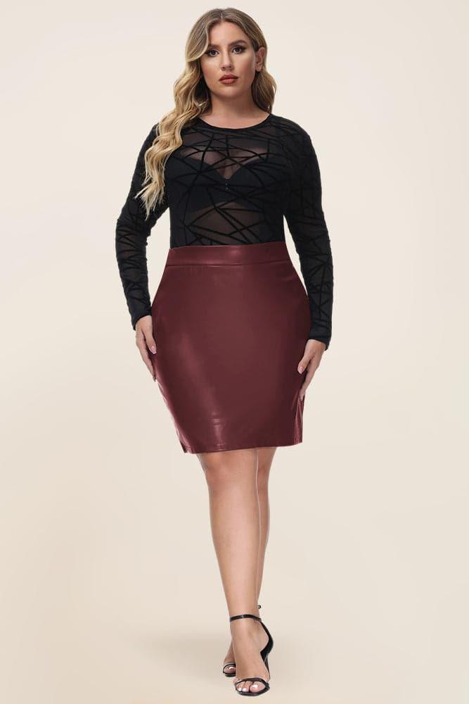 HN Women Plus Size PU Leather Skirt High Waist Metal Zipper Hips