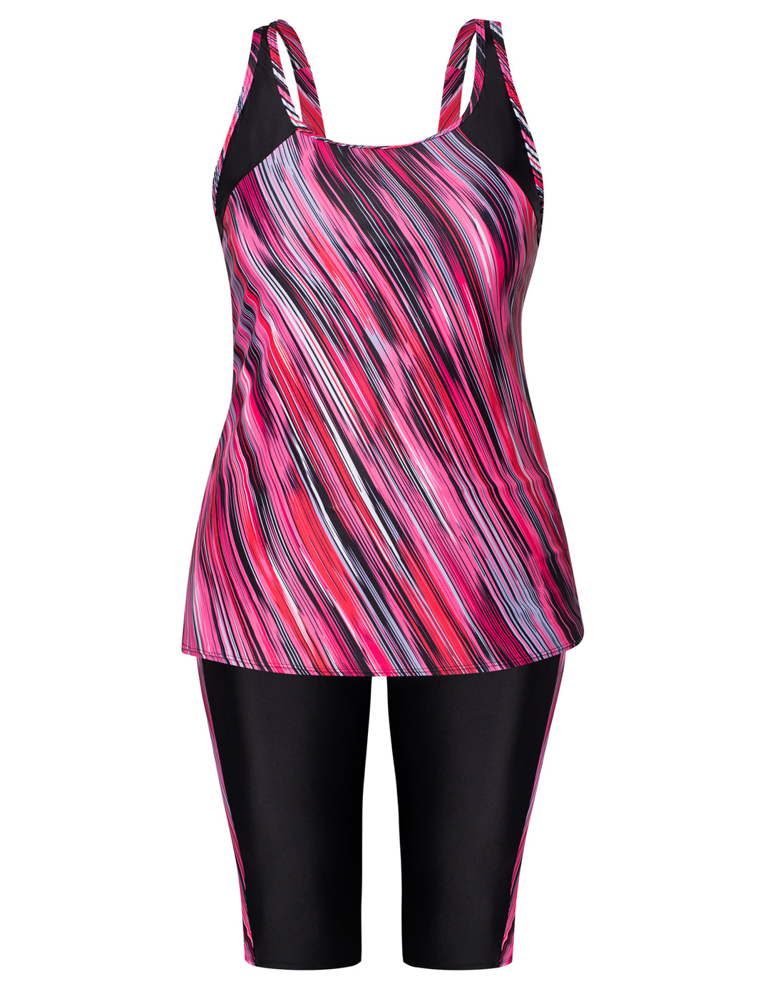 HN Women Plus Size Contrast Color Swimsuit U-Neck Padded Tops+Knee Length Shorts