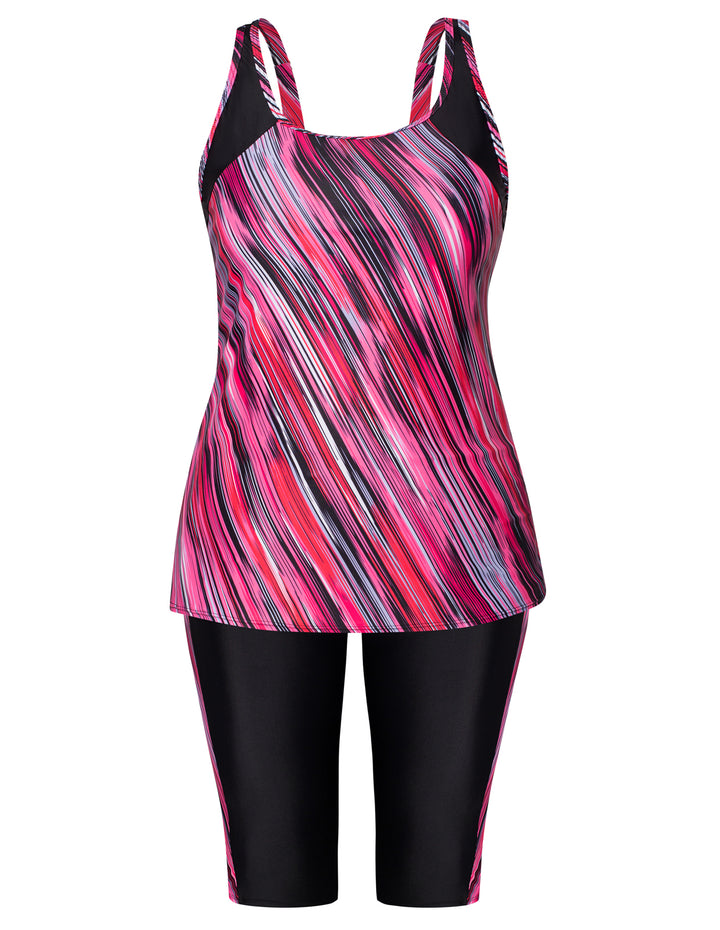 HN Women Plus Size Contrast Color Swimsuit U-Neck Padded Tops+Knee Length Shorts