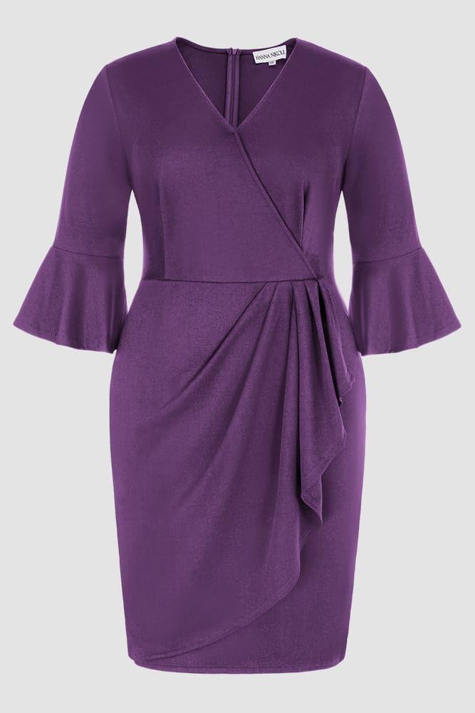 HN Overlay Decorated 3/4 Sleeve V-Neck Straight Dress - Hanna Nikole#color_purple
