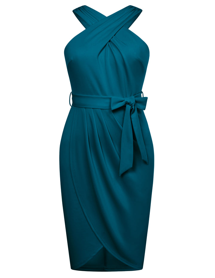 HN Women Plus Size Wrap Front Party Dress Halterneck Ruched Bodycon Dress