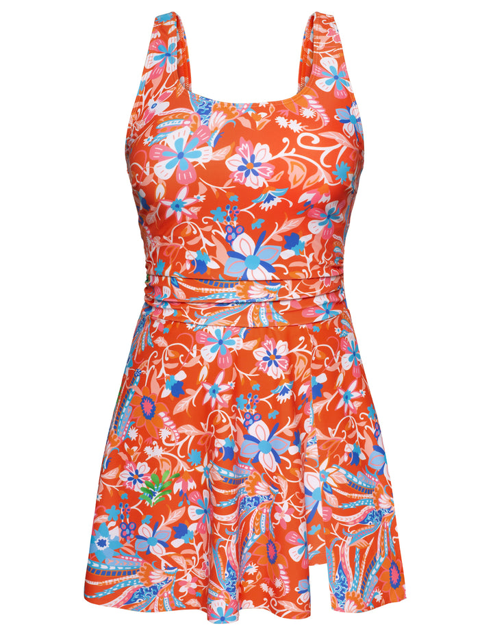 KK Women 2pcs Set Swimsuit Front Slit Padded Swim Dress+High Waist Briefs