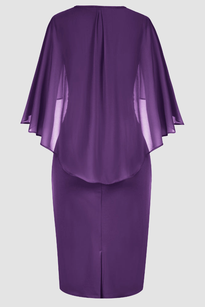 HN Chiffon Party Cape Sleeve V-Neck Defined Waist Dress - Hanna Nikole#color_purple