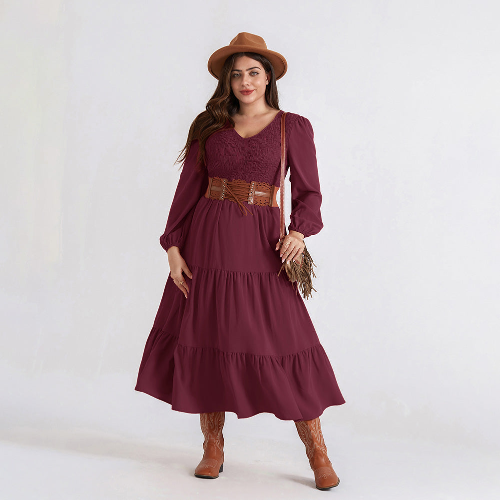 HN Women Plus Size Elastic Waist Dress Long Sleeve V-Neck Tiered A-Line Dress