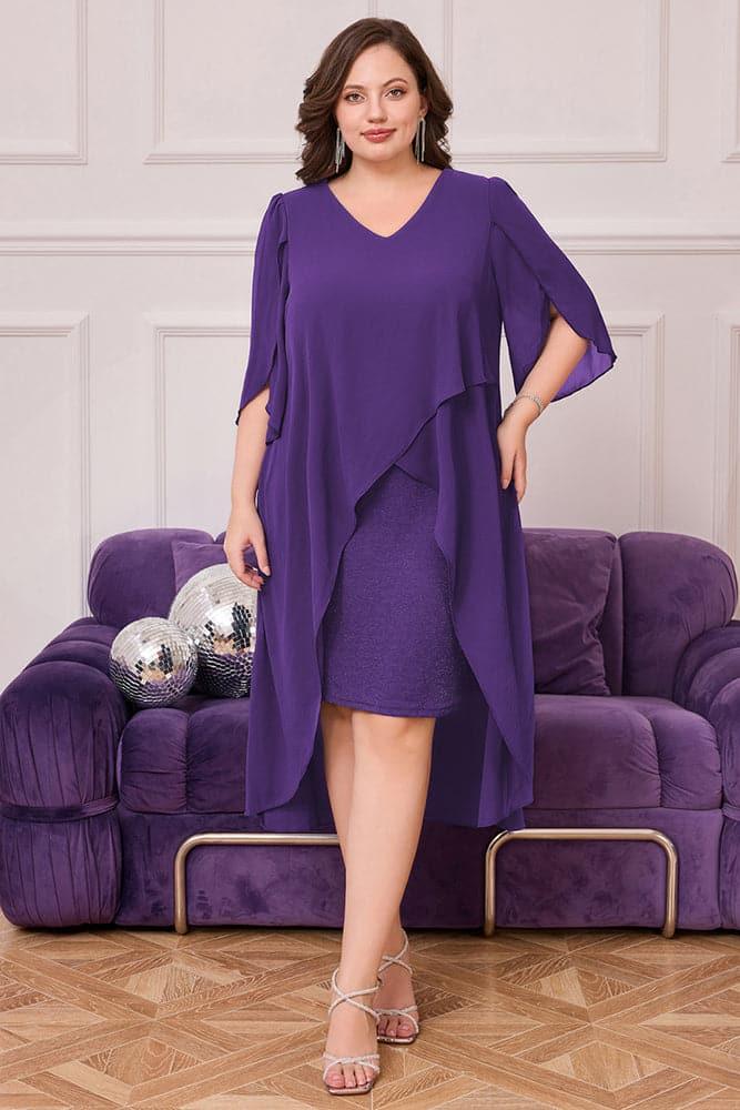 HN Faux Twinset Party 3/4 Petal Sleeve Irregular Hem Dress - Hanna Nikole#color_purple
