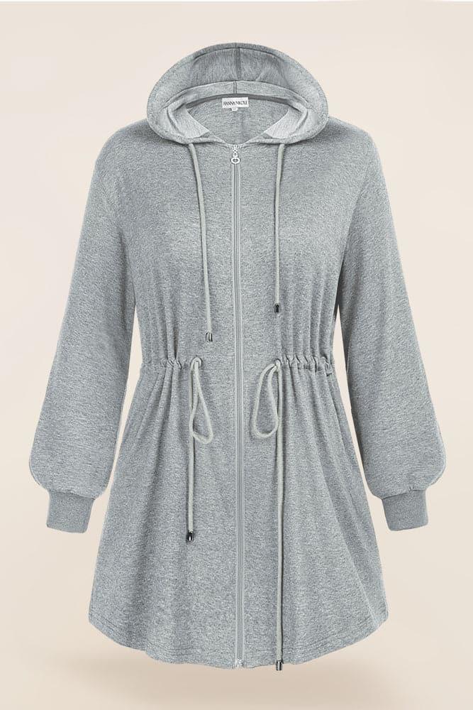 HN Drawstring Waist Coat Long Sleeve Zip-up Hooded Coat - Hanna Nikole