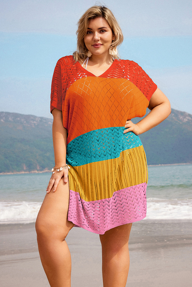 HN Women Plus Size Hollowed-out Cover-up Short Sleeve V-Neck Side Slit Knitwear - Hanna Nikole#color_rainbow
