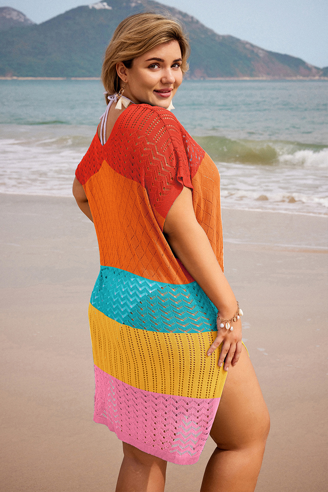 HN Women Plus Size Hollowed-out Cover-up Short Sleeve V-Neck Side Slit Knitwear - Hanna Nikole#color_rainbow
