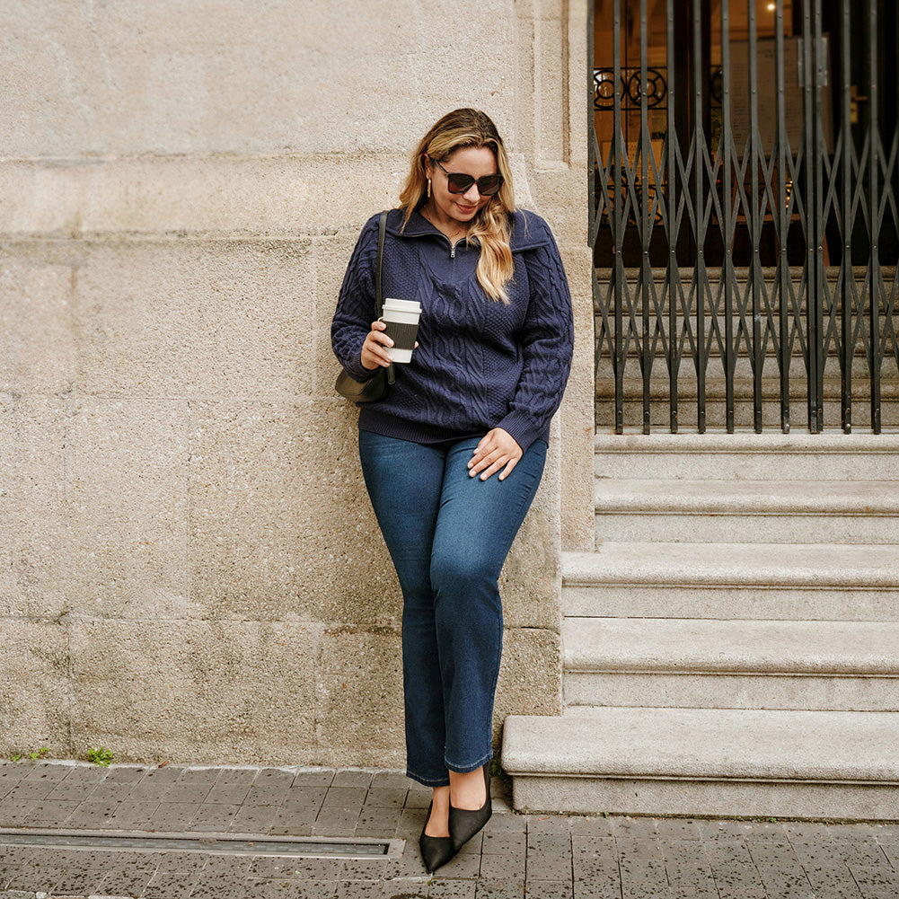 HN Women Plus Size Flared Bottoms High Waist Multi-Pocket Jean Pants Jeans