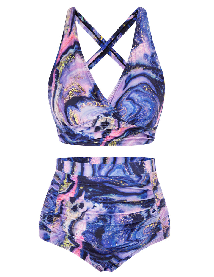 Hanna Nikole Women's Plus Size Halter V Neck Bikini Swimsuits High Waisted Ruched Tummy Control Swimwear
