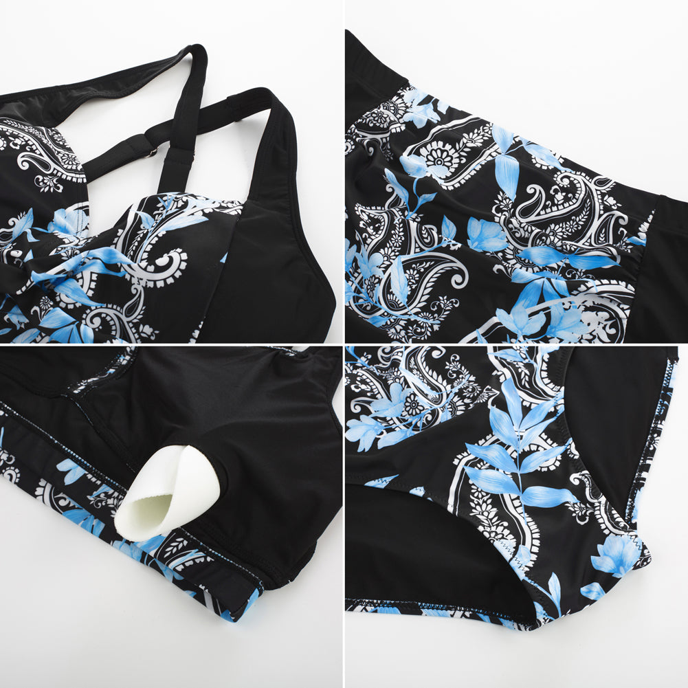 HN Women Contrast Color Swimsuit Knotted Bodice Padded Swim Tops+Ruched Briefs