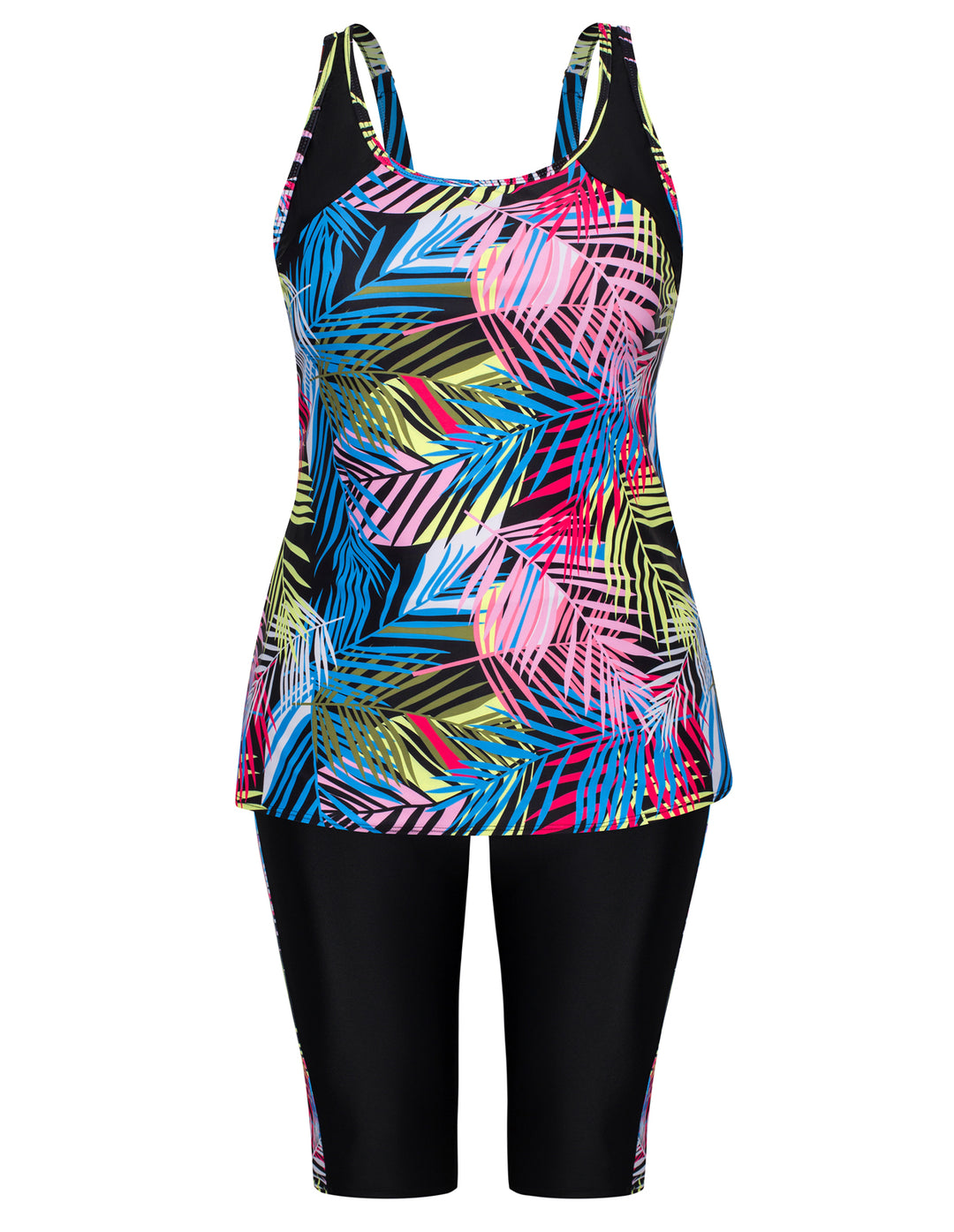 HN Women Plus Size Contrast Color Swimsuit U-Neck Padded Tops+Knee Length Shorts