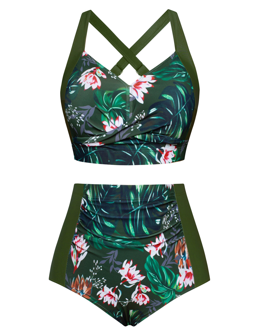 HN Women Contrast Color Swimsuit Knotted Bodice Padded Swim Tops+Ruched Briefs
