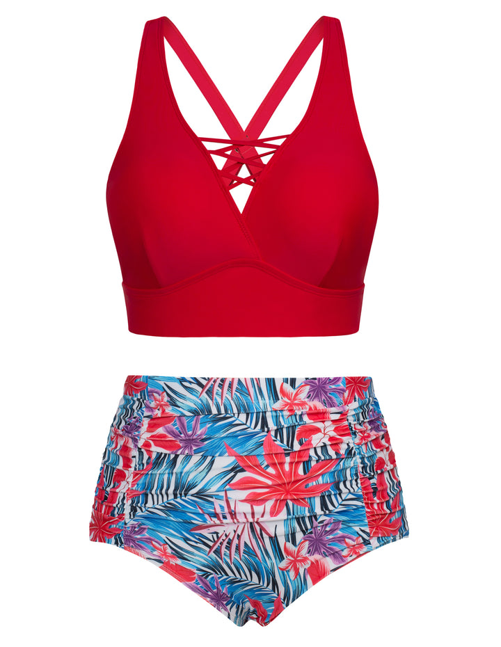 HN Women Plus Size 2pcs Set Swimsuit Cross Back Padded Tops+Ruched Briefs