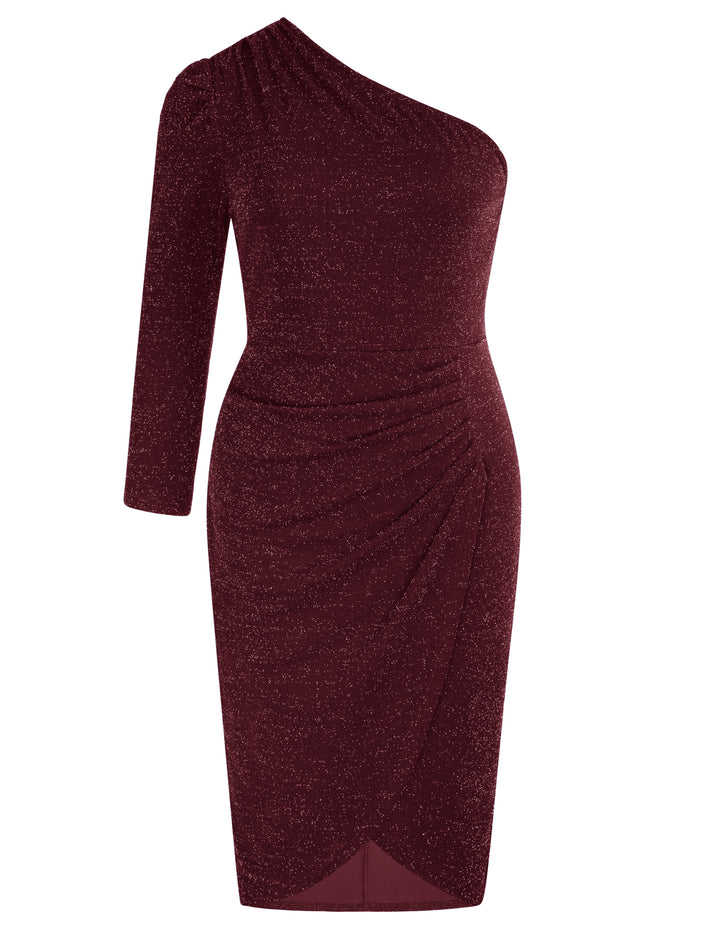 HN Ruched Party Long Sleeve Oblique Neck Dress