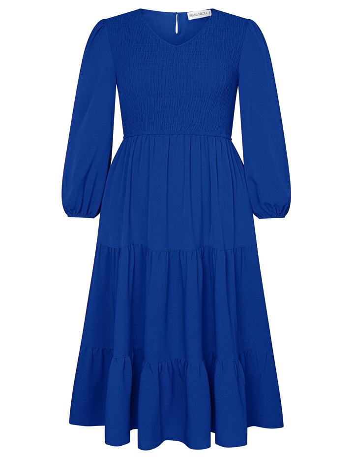 HN Women Plus Size Elastic Waist Dress Long Sleeve V-Neck Tiered A-Line Dress