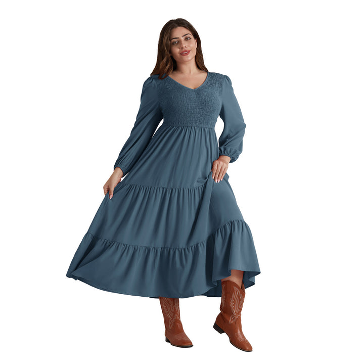 HN Women Plus Size Elastic Waist Dress Long Sleeve V-Neck Tiered A-Line Dress