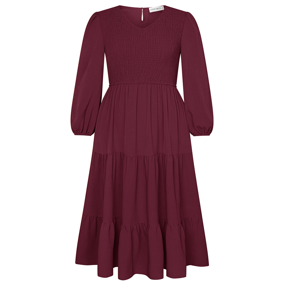 HN Women Plus Size Elastic Waist Dress Long Sleeve V-Neck Tiered A-Line Dress
