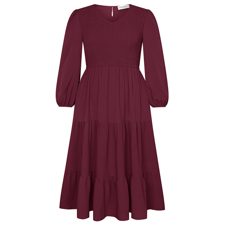 HN Women Plus Size Elastic Waist Dress Long Sleeve V-Neck Tiered A-Line Dress