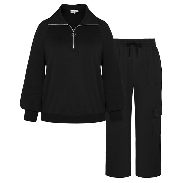 HN Women Plus Size 2pcs Set Outfits Casual Lapel Collar Tops+Wide-Leg Pants