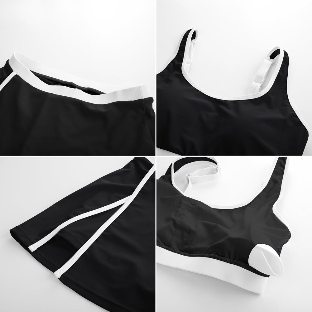 HN Women 2pcs Set Swimsuit U-Neck Padded Swim Tops+Elastic Waist Skirt Swimwear