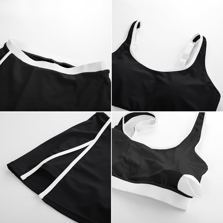 HN Women 2pcs Set Swimsuit U-Neck Padded Swim Tops+Elastic Waist Skirt Swimwear