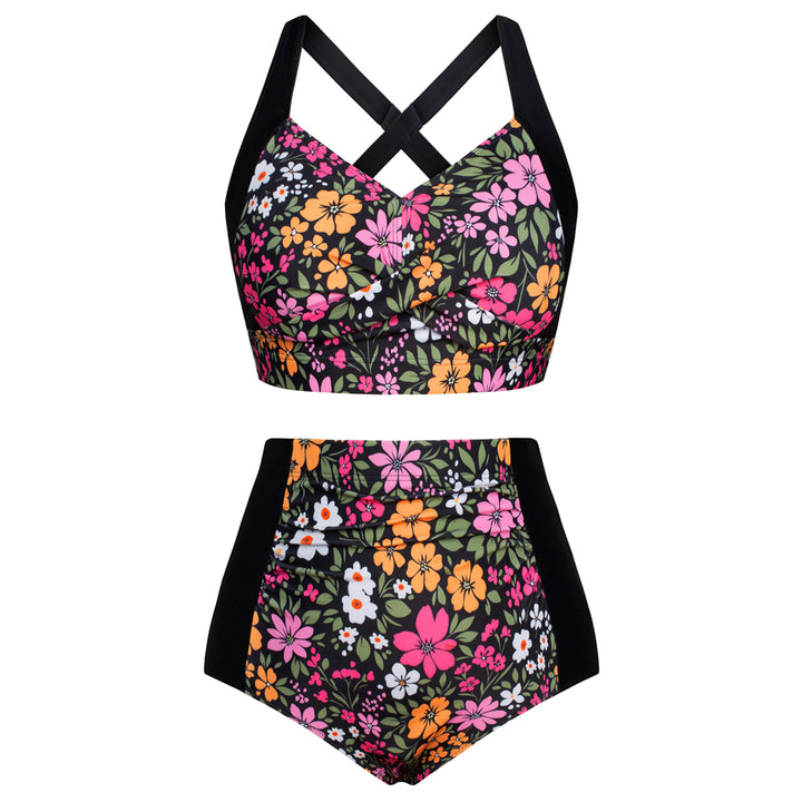 HN Women Contrast Color Swimsuit Knotted Bodice Padded Swim Tops+Ruched Briefs