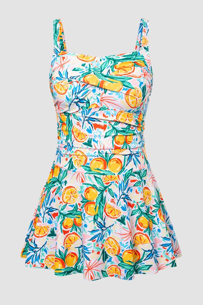 HN Women Plus Size Knotted Bodice Swim Dress with Attached Briefs Swimwear - Hanna Nikole#color_orange-green-leaf-print
