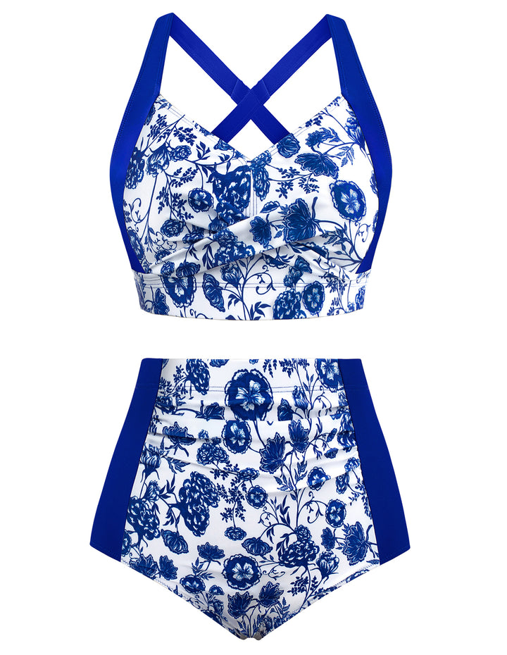 HN Women Contrast Color Swimsuit Knotted Bodice Padded Swim Tops+Ruched Briefs