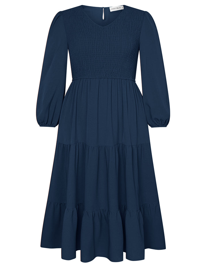 HN Women Plus Size Elastic Waist Dress Long Sleeve V-Neck Tiered A-Line Dress