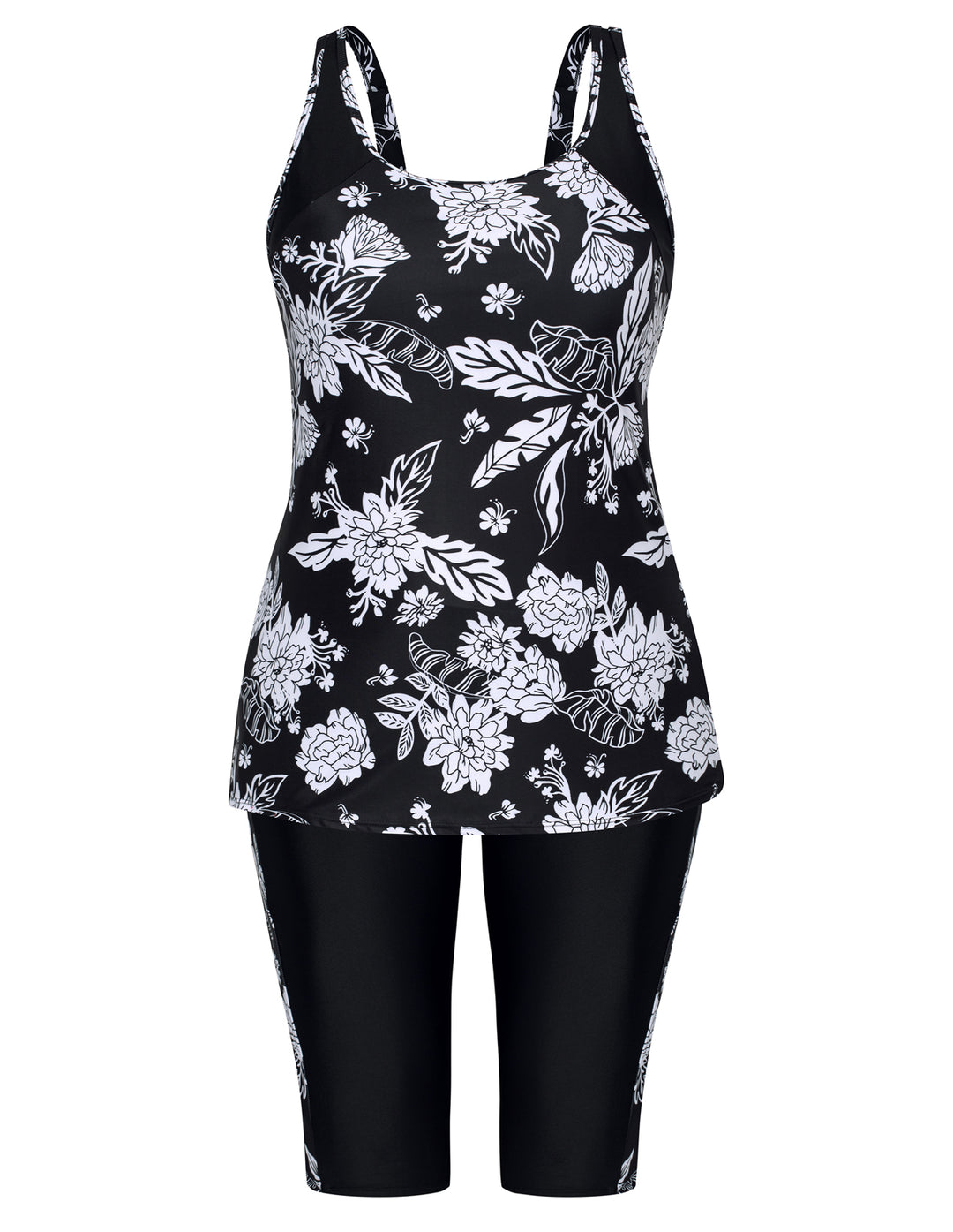 HN Women Plus Size Contrast Color Swimsuit U-Neck Padded Tops+Knee Length Shorts