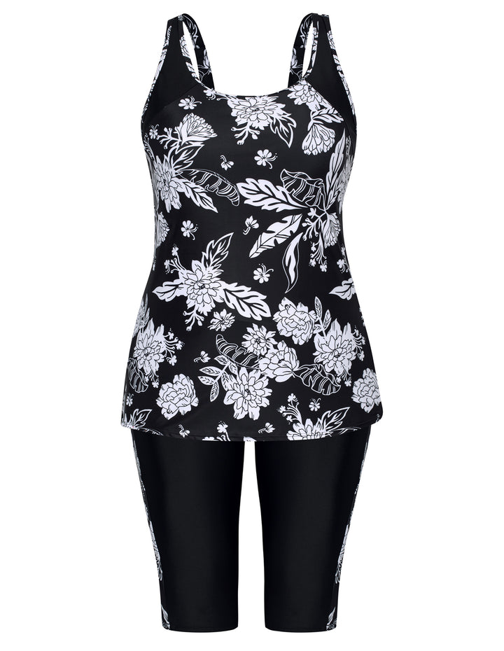 HN Women Plus Size Contrast Color Swimsuit U-Neck Padded Tops+Knee Length Shorts