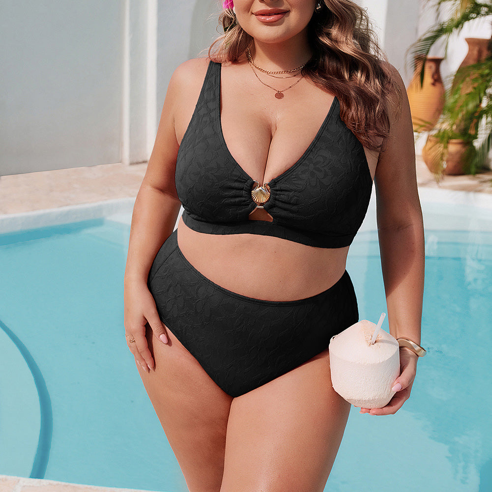 Hanna Nikole Women High Waisted Bikini Sets, 2 Piece Swimsuits Tummy Control, Textured Bathing Suit, Metal Cutout Swimwear