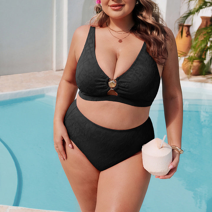 Hanna Nikole Women High Waisted Bikini Sets, 2 Piece Swimsuits Tummy Control, Textured Bathing Suit, Metal Cutout Swimwear