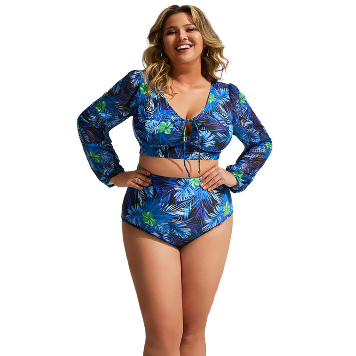 HN Women Plus Size 2pcs Set Swimsuit Long Sleeve V-Neck Padded Tops+Briefs