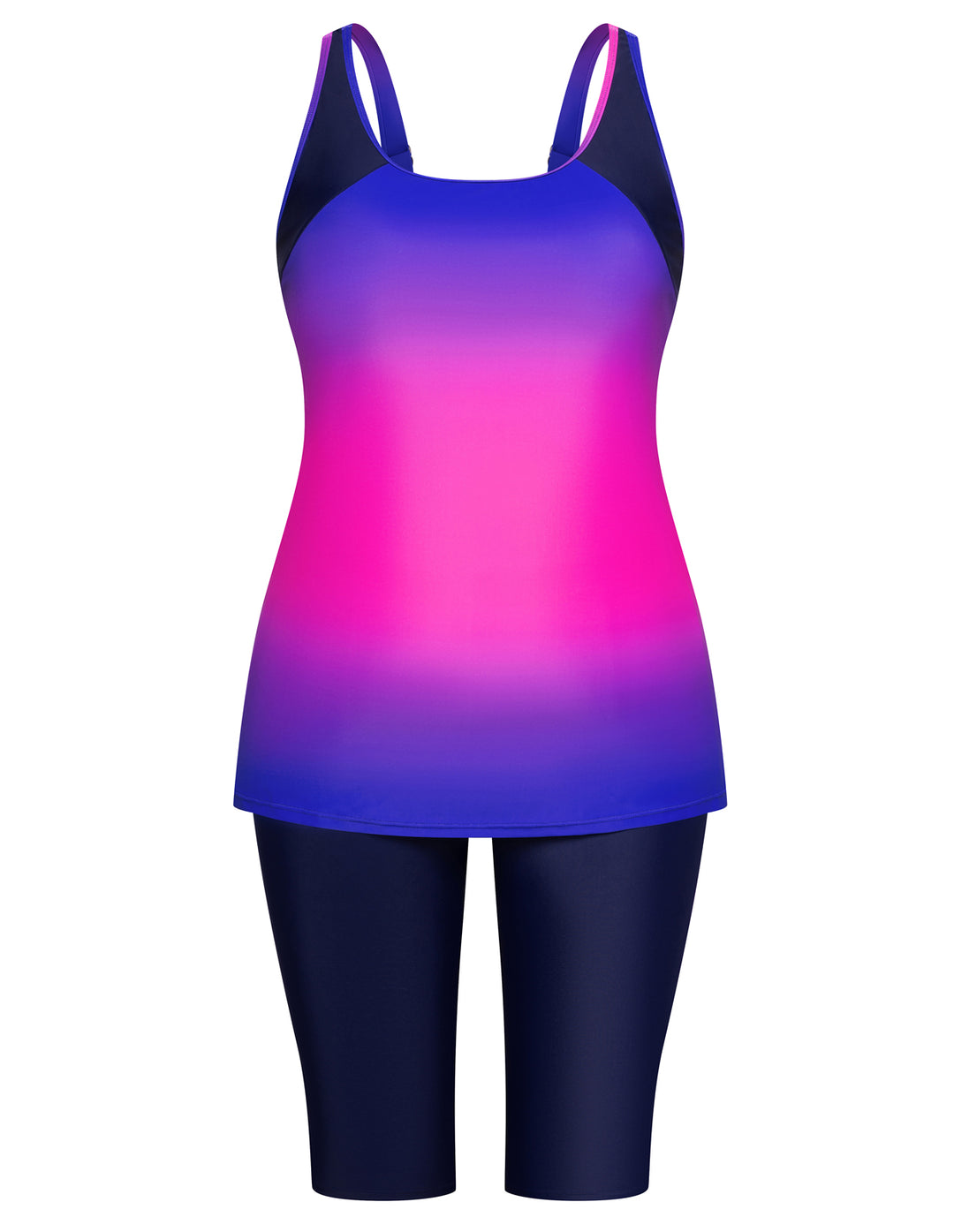 HN Women Plus Size Contrast Color Swimsuit U-Neck Padded Tops+Knee Length Shorts
