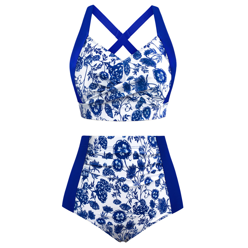 HN Women Contrast Color Swimsuit Knotted Bodice Padded Swim Tops+Ruched Briefs