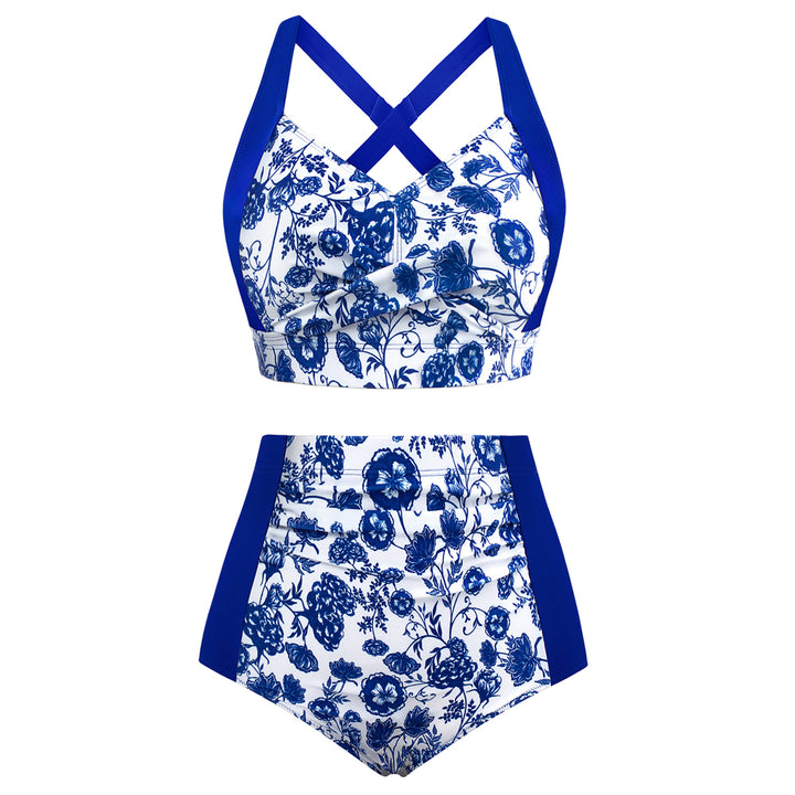 HN Women Contrast Color Swimsuit Knotted Bodice Padded Swim Tops+Ruched Briefs