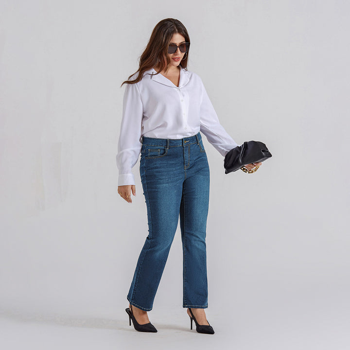 HN Women Plus Size Flared Bottoms High Waist Multi-Pocket Jean Pants Jeans