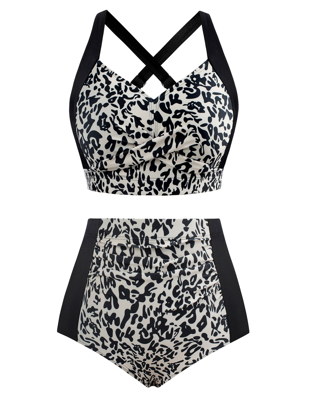 HN Women Contrast Color Swimsuit Knotted Bodice Padded Swim Tops+Ruched Briefs
