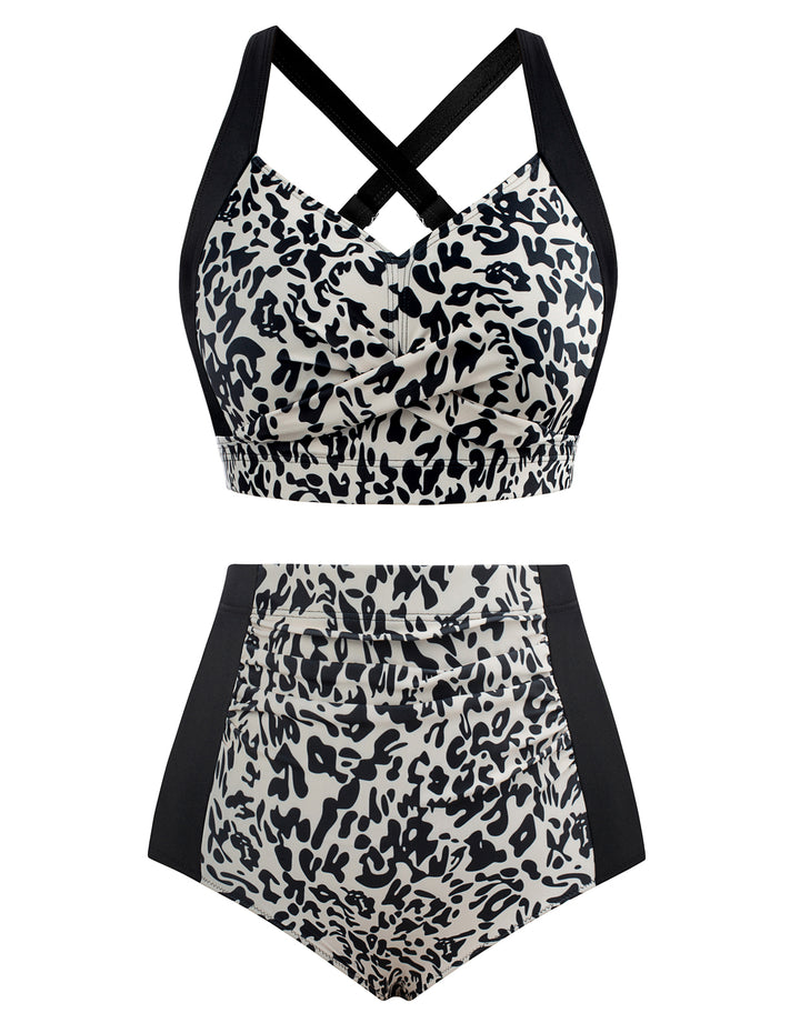 HN Women Contrast Color Swimsuit Knotted Bodice Padded Swim Tops+Ruched Briefs