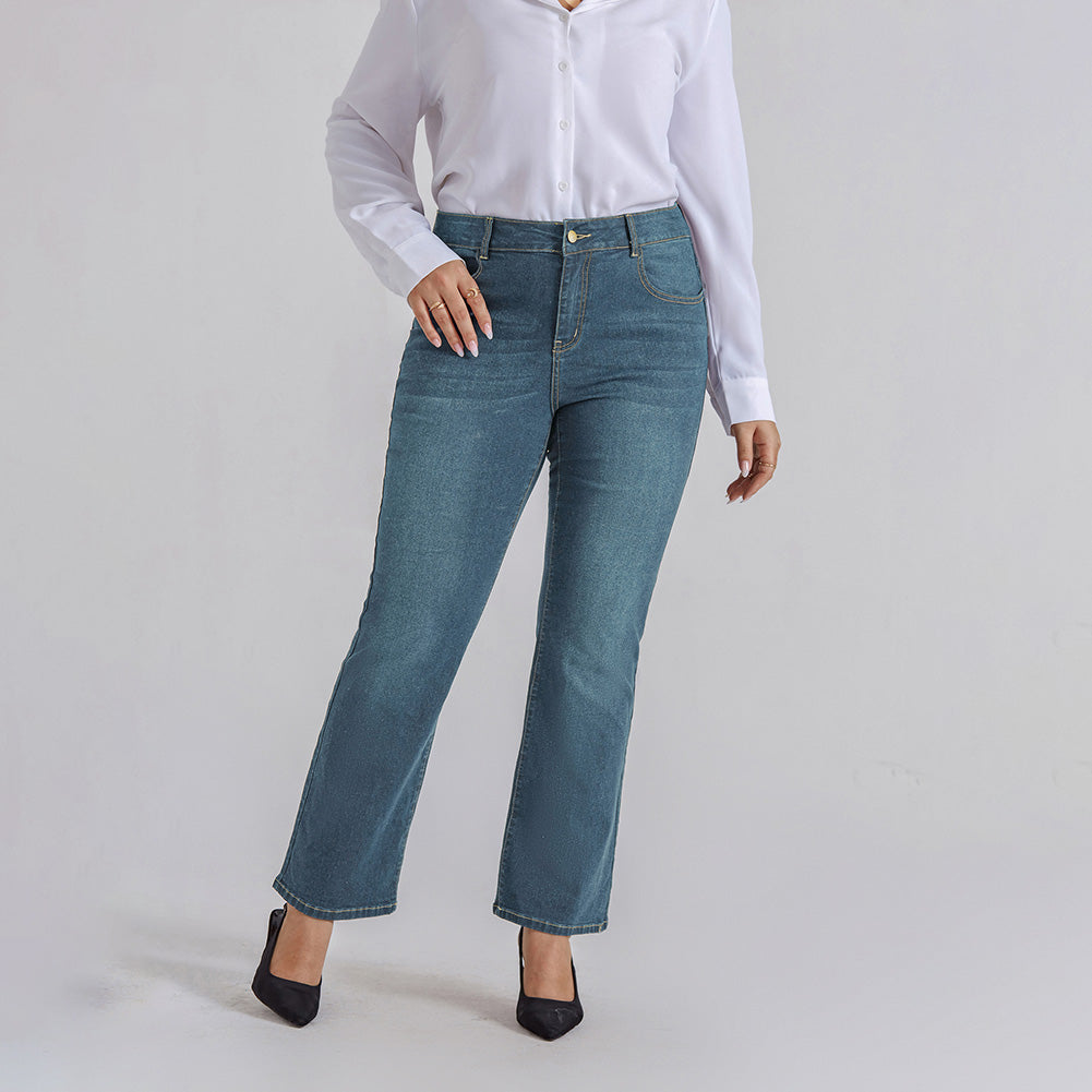 HN Women Plus Size Flared Bottoms High Waist Multi-Pocket Jean Pants Jeans